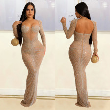Sexy Long Sleeve Mesh Hot Drill Maxi Dress GOSD-6811