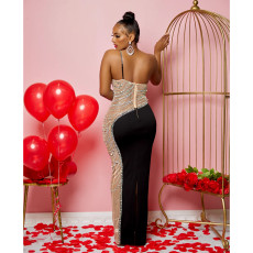 Mesh Patchwork Hot Drill Sling Maxi Dress GOSD-6846