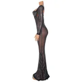 Sexy Long Sleeve Mesh Hot Drill Maxi Dress GOSD-6811