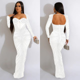 Sexy Long Sleeve Mesh Hot Drill Maxi Dress GOSD-6811