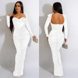 Sexy Long Sleeve Mesh Hot Drill Maxi Dress GOSD-6811