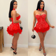 Sexy Hot Drill Feather Patchwork Club Dress GOSD-6911
