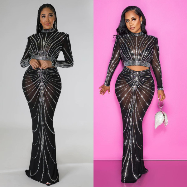 LONG Sleeve Mesh Hot Drill Two Piece Skirt Set GOSD-6820