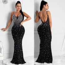 Rhinestone Studded Sling Maxi Dress GOSD-6561