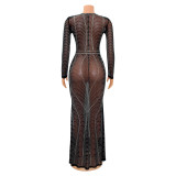 Long Sleeve Hor Drill Maxi Dress GOSD-6782