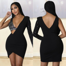 Sexy Single Shoulder Long Sleeve Hot Drill Mini Dress GOSD-6768