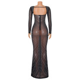 Sexy Long Sleeve Mesh Hot Drill Maxi Dress GOSD-6811