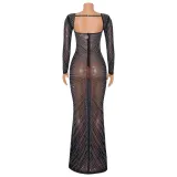 Sexy Long Sleeve Mesh Hot Drill Maxi Dress GOSD-6811
