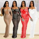 Sexy Long Sleeve Mesh Hot Drill Maxi Dress GOSD-6811