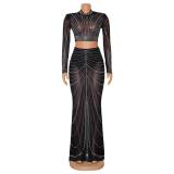 LONG Sleeve Mesh Hot Drill Two Piece Skirt Set GOSD-6820