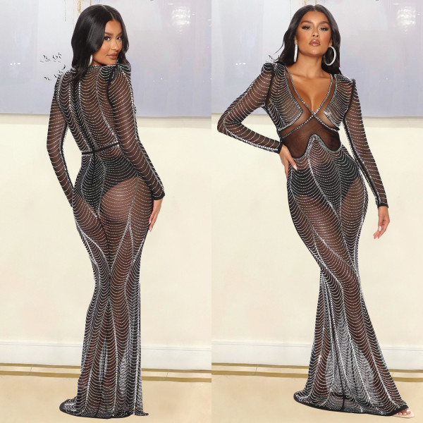 Long Sleeve Hor Drill Maxi Dress GOSD-6782