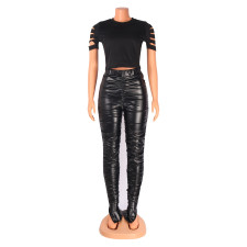 Fashion Tight Pleated PU Leather Pant GOSD-6125