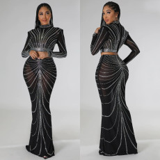 LONG Sleeve Mesh Hot Drill Two Piece Skirt Set GOSD-6820