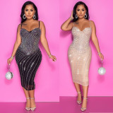 Mesh Hot Drill Sexy Sling Midi Dress GOSD-6648