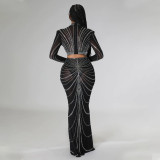 LONG Sleeve Mesh Hot Drill Two Piece Skirt Set GOSD-6820