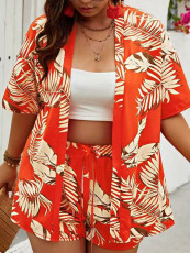 Fashion Print Cardigan Two Piece Shorts Set SFY-443