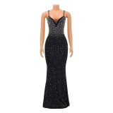 Rhinestone Studded Sling Maxi Dress GOSD-6561