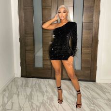 Single Shoulder Feather Sleeve Mini Dress GOSD-6935