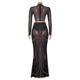 LONG Sleeve Mesh Hot Drill Two Piece Skirt Set GOSD-6820