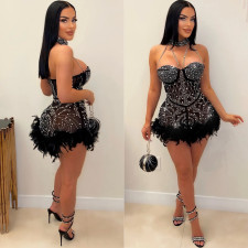 Sexy Hot Drill Feather Patchwork Club Dress GOSD-6911