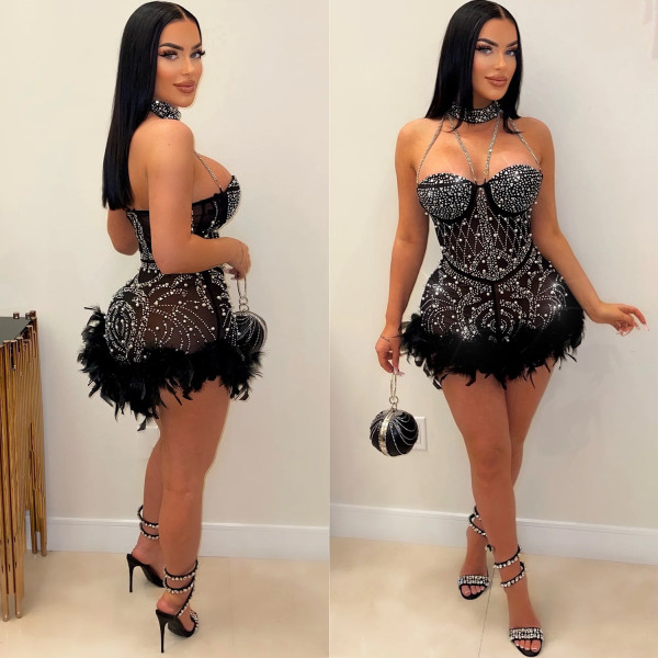 Sexy Hot Drill Feather Patchwork Club Dress GOSD-6911