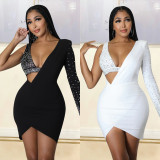 Sexy Single Shoulder Long Sleeve Hot Drill Mini Dress GOSD-6768