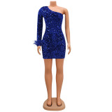 Single Shoulder Feather Sleeve Mini Dress GOSD-6935