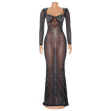 Sexy Long Sleeve Mesh Hot Drill Maxi Dress GOSD-6811