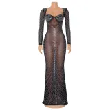 Sexy Long Sleeve Mesh Hot Drill Maxi Dress GOSD-6811