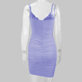Solid Color Pleated Sling Mini Dress YMYF-8215