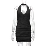 Solid Color V Neck Halterneck Pleated Mini Dress YMYF-9232