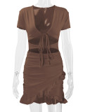 Deep V Neck Tie Up Ruffles Two Piece Skirts Set YMYF-0876