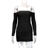 One Shoulder Long Sleeve Pleated Mini Dress YMYF-9236