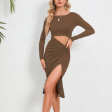 Long Sleeve Hollow Out Split Midi Dress YMYF-9301