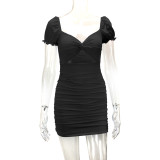 Hollow Out Pleated Bubble Sleeve Mini Dress YMYF-9221