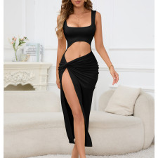 Solid Color Hollow Out Split Maxi Dress YMYF-9316