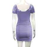 Hollow Out Pleated Bubble Sleeve Mini Dress YMYF-9221