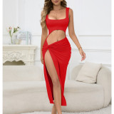 Solid Color Hollow Out Split Maxi Dress YMYF-9316