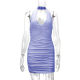 Solid Color V Neck Halterneck Pleated Mini Dress YMYF-9232