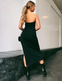 Solid Color Wrap Chest Split Long Dress YMYF-0901
