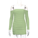One Shoulder Long Sleeve Pleated Mini Dress YMYF-9236