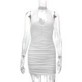 Solid Color V Neck Halterneck Pleated Mini Dress YMYF-9232