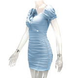 Hollow Out Pleated Bubble Sleeve Mini Dress YMYF-9221