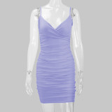Solid Color Pleated Sling Mini Dress YMYF-8215