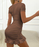 Deep V Neck Tie Up Ruffles Two Piece Skirts Set YMYF-0876