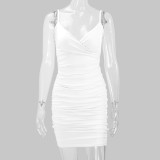 Solid Color Pleated Sling Mini Dress YMYF-8215