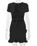 Deep V Neck Tie Up Ruffles Two Piece Skirts Set YMYF-0876