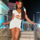 Deep V Neck Tie Up Ruffles Two Piece Skirts Set YMYF-0876