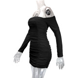 One Shoulder Long Sleeve Pleated Mini Dress YMYF-9236