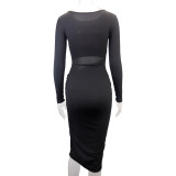 Long Sleeve Hollow Out Split Midi Dress YMYF-9301
